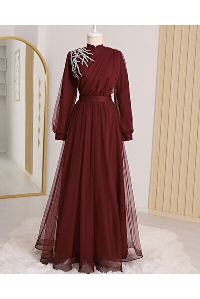 HİJABAYA Draped Belted Tulle Evening Dress with Stone Detail on the Front
