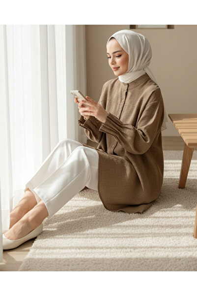 HİJABAYA Kol Manşeti Drapeli Oval Kesim Gömlek