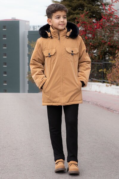 Cansın Mini Palton cu glugă pentru băiat, cu buzunar pentru piept, cu blană î...