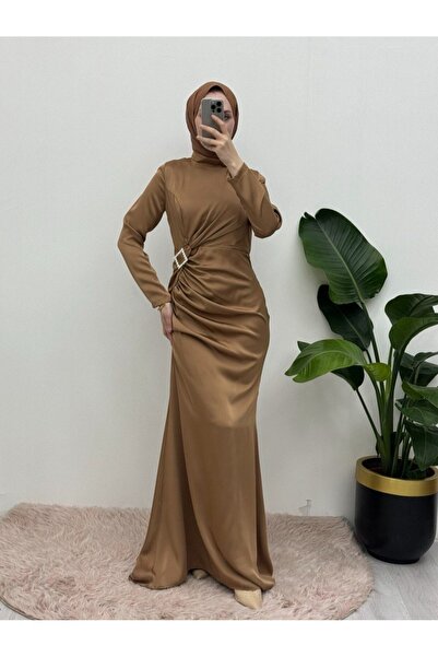 HİJABAYA Satin Evening Dress - Side Gathered and Stone Detailed