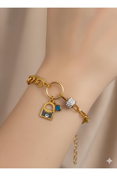 Bontexs Women's Lock Figured Evil Eye Beaded and Cylinder Zircon Stone Steel ...