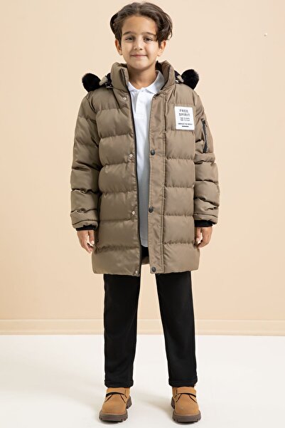 Cansın Mini Αγόρι καφέ γραπτό στέμμα με λεπτομέρεια γούνινο παλτό με κουκούλα 21369