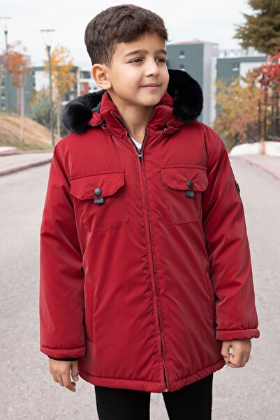 Cansın Mini Claret Red Snap Fastener Chest Pocketed Fur Lined Boy's Hooded Coat 21350