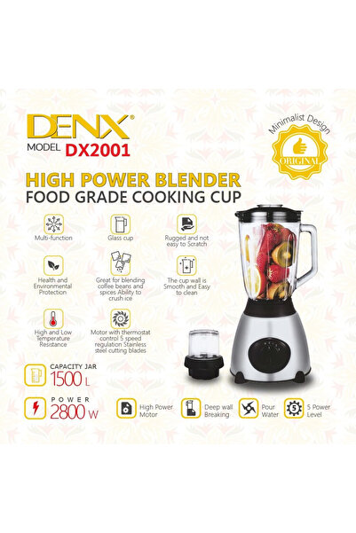 Generic DENX 2800W Electric Blender with 1.5L Glass Jar & Grinder, High-Power Smoothie Blender DX2001