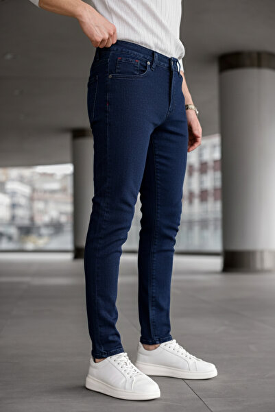 Ser Joven Férfi sötétkék karcsúsított Lycra Jean nadrág