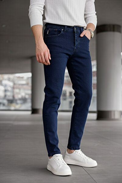 Ser Joven Férfi sötétkék karcsúsított Lycra Jean nadrág