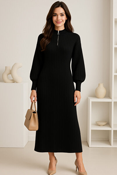 semela New Season Ribbed Zipper Detail Long Dress