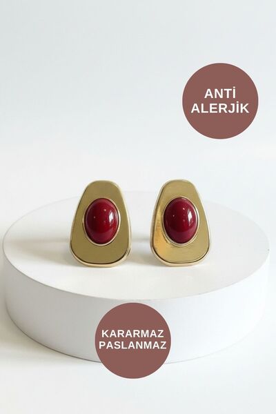 KAYOUBI Women's Anti-Allergic Non-Tarnish Waterproof Burgundy Stone Plate Stylish Style Gold Brand Earring Models
