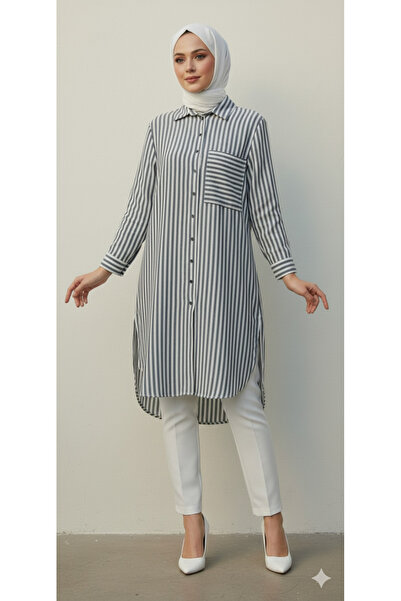 MODA Büyük cep detaylı çizgili yanları yırtmaçlı diz altı tesettür gömlek