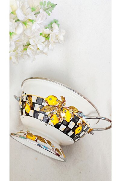 EBRULİEMAYE Vintage emaye Limon Bahar dekor 22 cm çap süzgeç kevgir