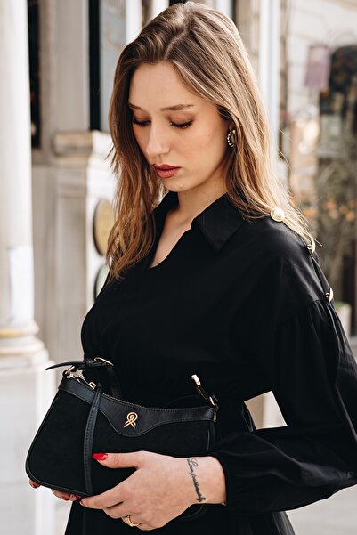 Cochines Women's Black Suede Baguette Handbag and Shoulder Bag