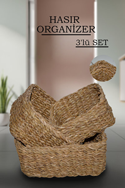 naturelove 3'lü Kare Hasır Sepet Seti Çok Amaçlı Banyo Mutfak Makyaj Aksesuar Organizeri Dekoratif Düzenleyici