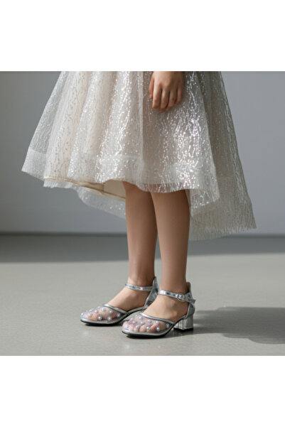 PATİK BEBE Pantofi pentru copii cu toc transparent pentru fete, argintiu, perle, piatră, Cenușăreasa