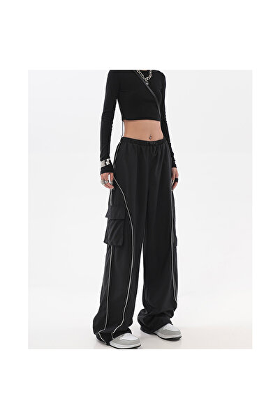 EDVESS Μαύρο Σετ πλαϊνή τσέπη Παντελόνια Φόρμα oversized