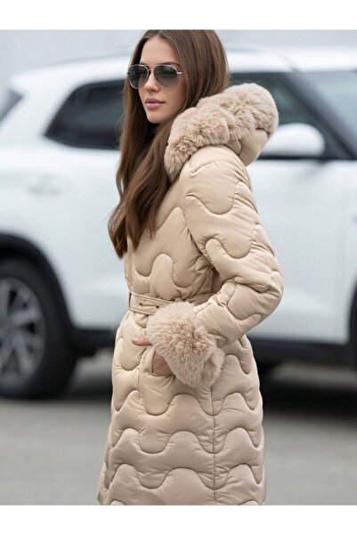 SETTY KOOP Women’s Winter Puffer Coat with Faux Fur Hood and Cuffs – Warm Belted Long Jacket geacă de femei