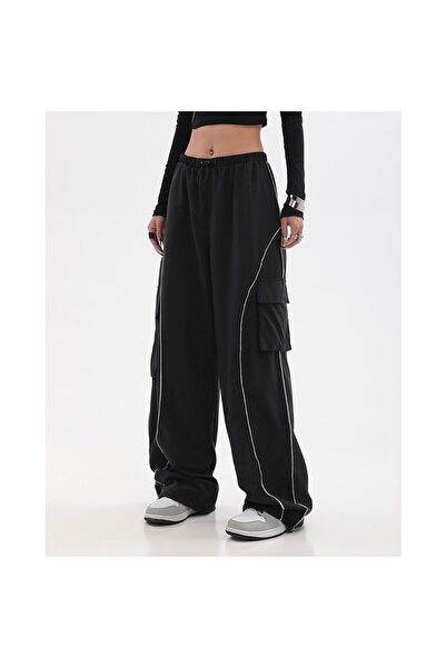 EDVESS Μαύρο Σετ πλαϊνή τσέπη Παντελόνια Φόρμα oversized