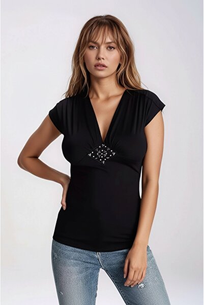 MAMAYAGA بلوزة نسائية أساسية برقبة على شكل حرف V مرصعة بالأحجار من الأمام ريا...