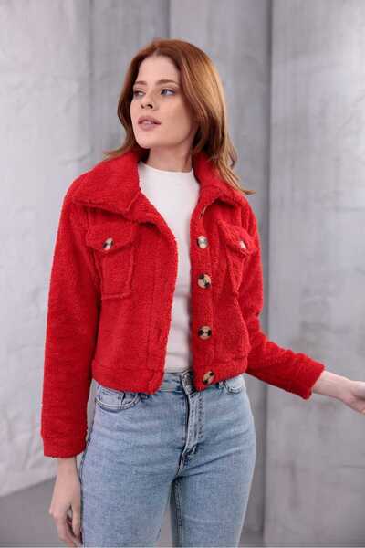 Azra Moda Style Plush Jacket Welsoft Buttoned Pocket Women's