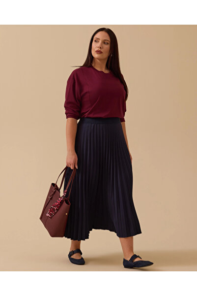 SEÇİL Women's Flexible Waist Pleated Basic Skirt 1019 Navy Blue
