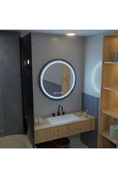 Celeste Oglindă rotundă cu LED, 60 cm - Majeste Noir MotionGlow Marcello, antiaburire, ceas și termometru, D