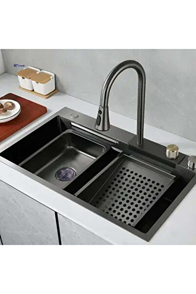 OEM Stainless Steel Kitchen Sink Set, Double Faucet, Perforated Bowl, Cutting Board, Graphite, 75x45x21