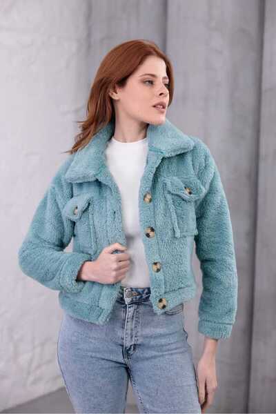 Azra Moda Style Peluş Ceket Welsoft Düğmeli Cepli Kadın