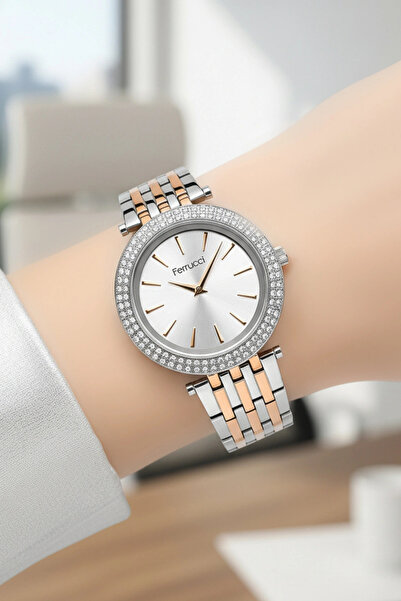 Ferrucci ساعة يد نسائية بسوار فولاذي مقاوم للماء 3 أتم مع سوار هدية فضي وردي ...