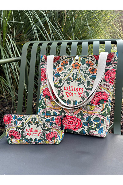 pamukcanta حقيبة قماشية وحقيبة مكياج من ويليام موريس قابلة للغسل مع جيب معدني بزر ضغط (مجموعة من قطعتين)