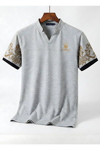 ixir Foil Printed Embroidered Men's & Women's V Neck Unisex T-Shirt Gray