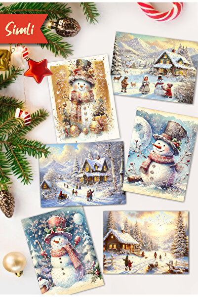 Mia Pera 6 Lı Simli Yılbaşı Kartpostal Seti Yeni yıl Kış Manzara Kardan adam Noel Baba Nostalji