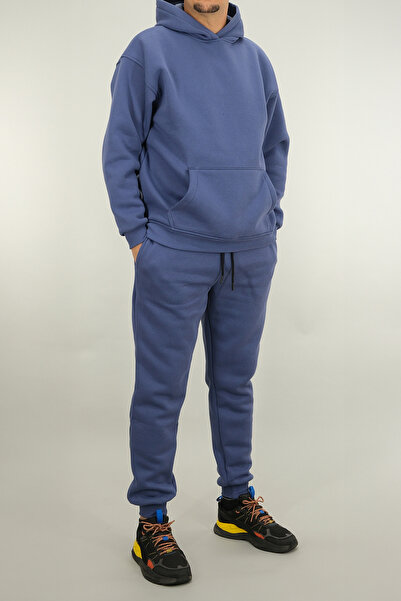 Souris Ανδρικό σετ αθλητικής φόρμας άνετης εφαρμογής με 3 κλωστές χοντρό χειμερινό K με κουκούλα Indigo