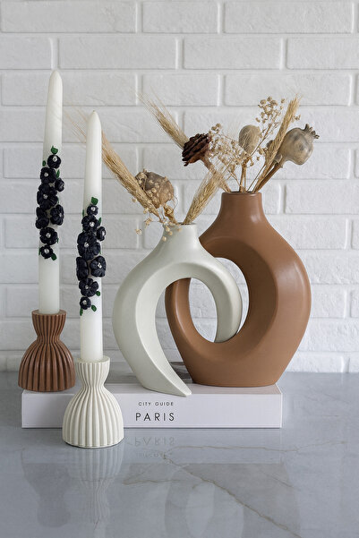 Zigzag Home Set decorativ de 4 bucăți de vază, 2 bucăți de iederă îndrăgătoasă, 2 bucăți de suport pentru lumânări, set de suport pentru lumânări, maro, bej, figurină boemă