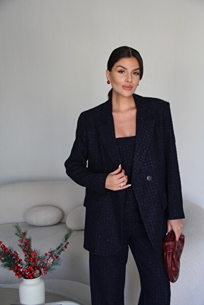 Julidress Bluză crop albastru închis, jachetă și costum din tweed premium cu ...