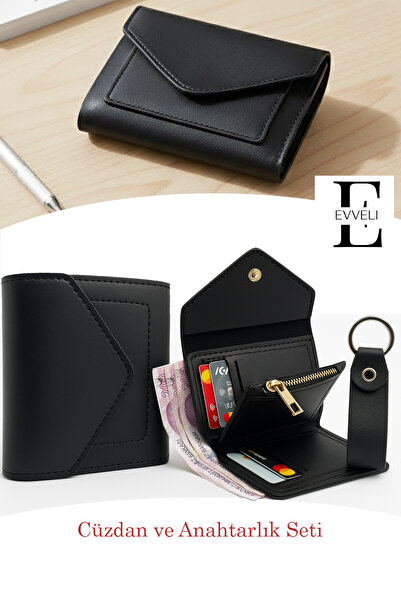 EVVELİ Kadın Deri Küçük Cüzdan Fermuarlı Kağıt Para Bölmeli ve Anahtarlık Hed...