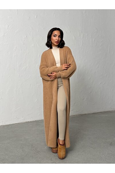 BEJNA Γυναικεία μακριά πλεκτή ζακέτα με απαλή υφή Camel