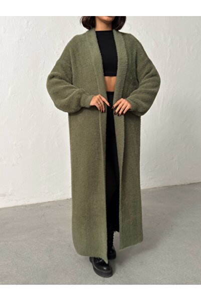 BEJNA Women's Khaki Soft Textured Long Knitwear Cardigan