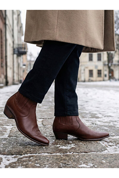 Selim Kundura Kahverengi %100 Deri Hakiki Dikişli Kösele Kovboy Botu