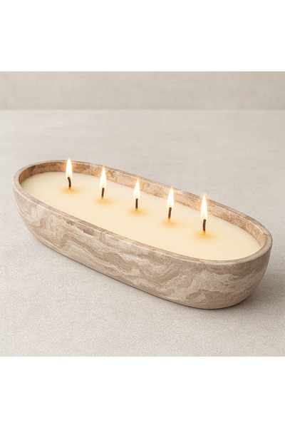 Yalda atelier Marbella Kayık Form 5 Fitilli Büyük Dekoratif Taş Efektli Mum –...