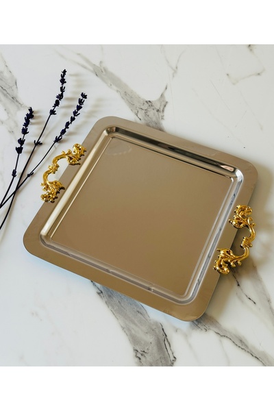 Melinda home صينية تقديم مربعة فضية قابلة للفصل مع مقبض ذهبي للشاي والقهوة والحلويات (21×21)
