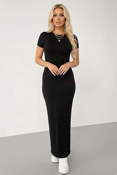 segiza Μαύρο κοντομάνικο μάξι φόρεμα από ειδικό ύφασμα Lycra