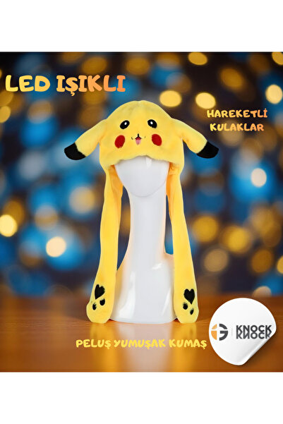 Knock Knock LED Işıklı Pikachu Peluş Şapka – Hareketli Kulaklı – Sevimli Karakter Şapka – Çocuk & Yetişkin