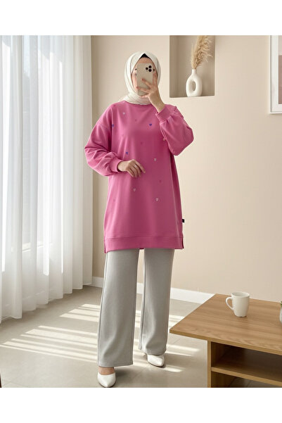 Modamorfo Round Neck Heart Patterned Combed Cotton Tunic -Pink