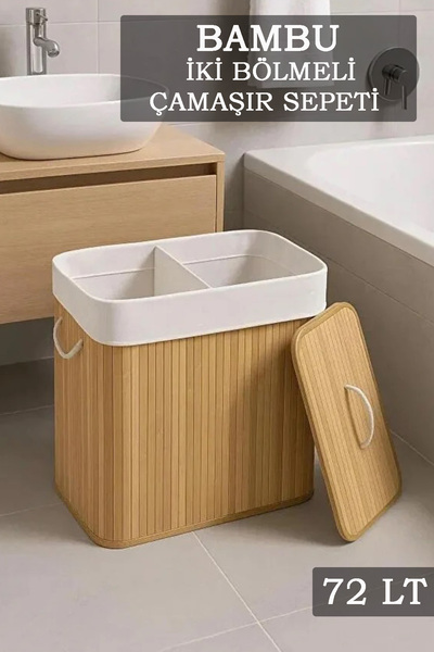 Karçiçeği Home 2 Bölmeli Bambu Çamaşır Sepeti 72 LT Katlanabilir Naturel Banyo Kirli Sepeti Çok Amaçlı Düzenleyici