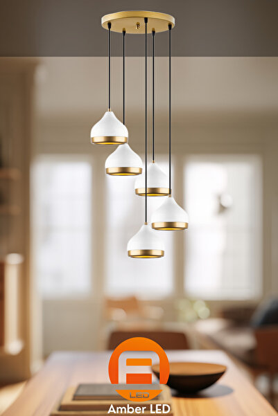 AmberLED Modern Metal Gövdeli 5'Li Tepsi Sarkıt Avize Mutfak ve Salon İçin E2...