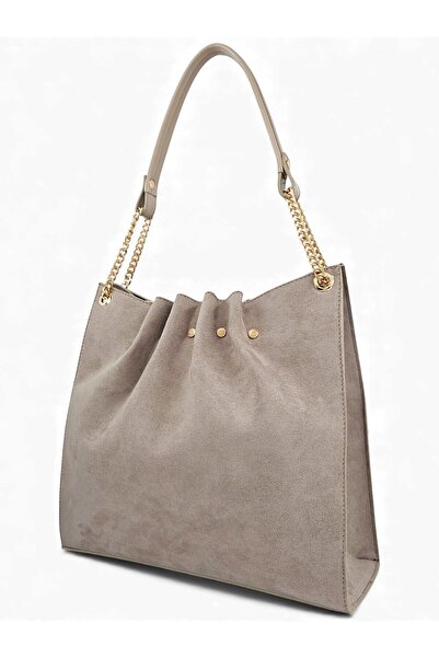 Evident Stone Color Nubuck Chain Detailed Pleated Women's Shoulder Bag