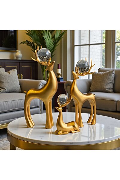 ArzzHome 3'lü Dekoratif Geyik Aksesuar & Biblo Takımı GOLD