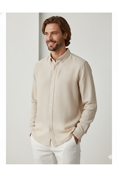 Jack & Jones قميص كتان بأكمام طويلة باللون البيج الرملي للرجال 12251024