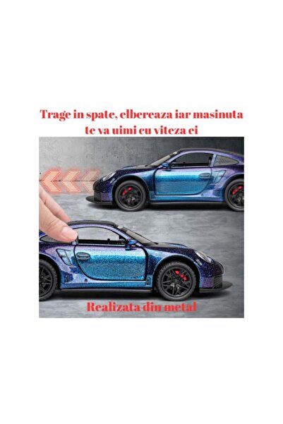 OEM Porsche GT3 RS Metal Car, Sounds and Lights, Moving Doors, Pull-Back, 16cm, Blue