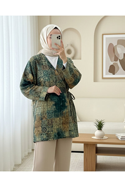 Modamorfo Patterned Lined Quilted Kimono with Tie-Waist Pockets - Khaki