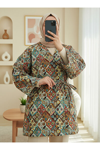 Modamorfo Kimono matlasat cu model, cu buzunare și curea la talie - Bej